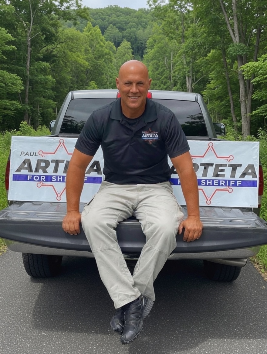 Paul Arteta with Paul Arteta for Sheriff campaign banners on a pickup truck